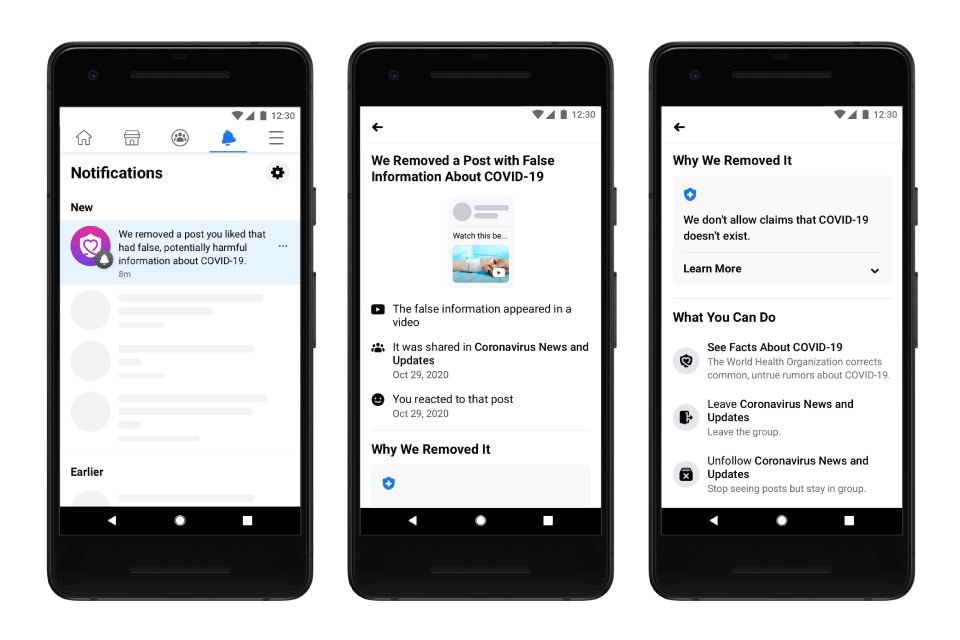 Screenshot of the COVID-19 misinformation notification feature