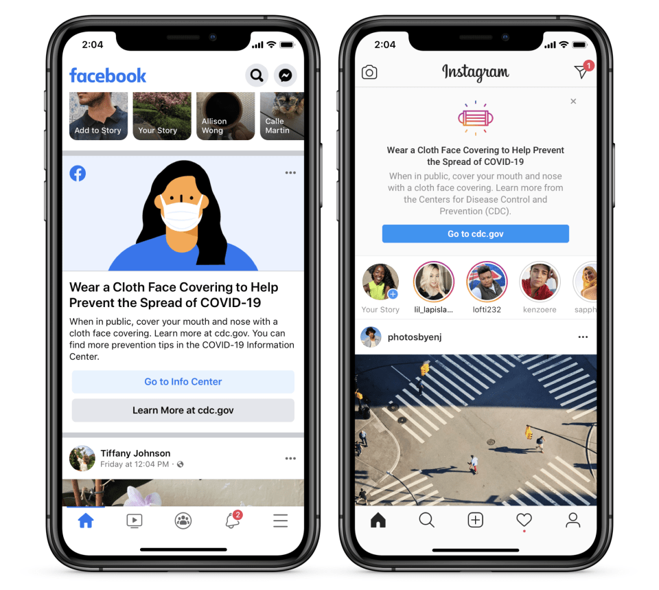 Screenshots of Reminder to wear masks on Facebook and Instagram