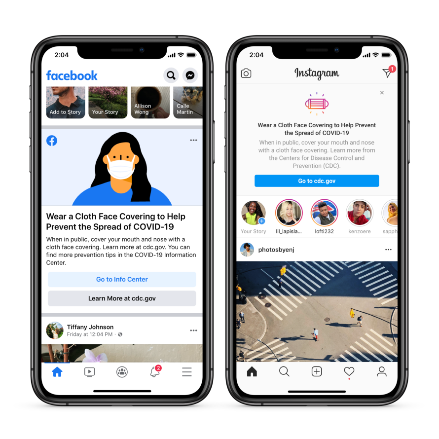 Screenshots of Reminder to wear masks on Facebook and Instagram