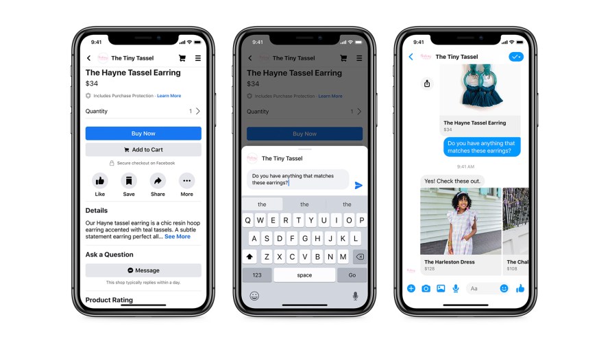 Screenshots of messaging a business on Messenger