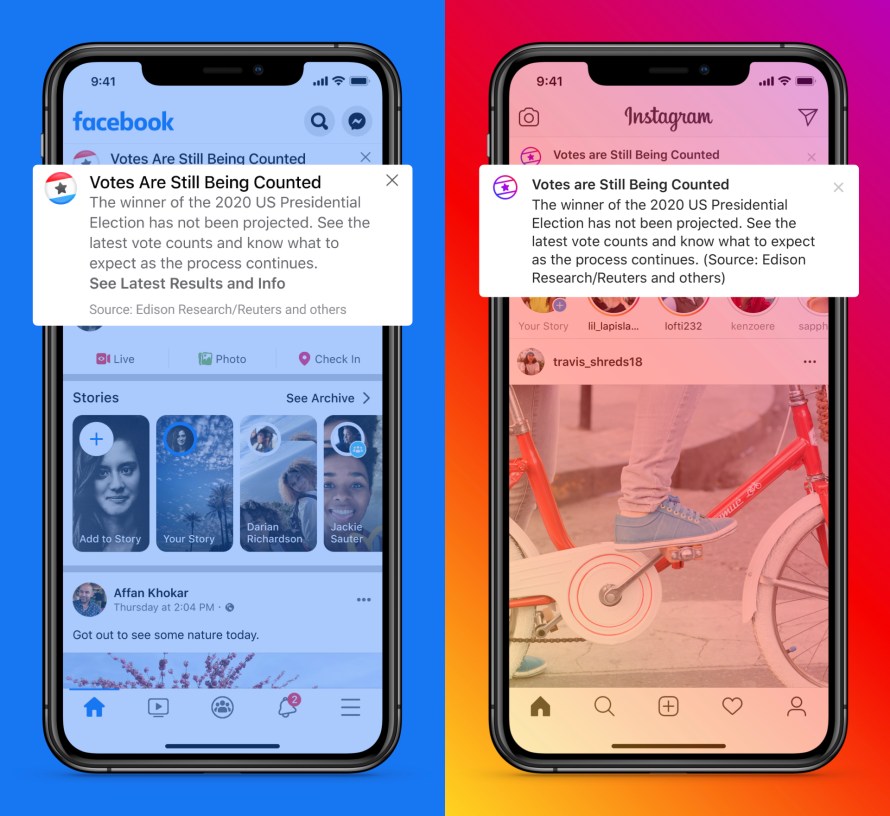 Screenshot of "Votes are still being counted" notification on Facebook and Instagram