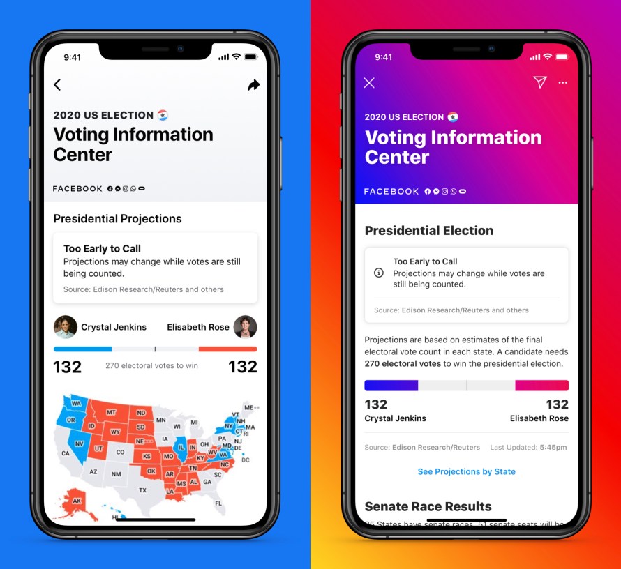 "Too Early to Call" screenshot in Voting Information Center on Facebook and Instagram