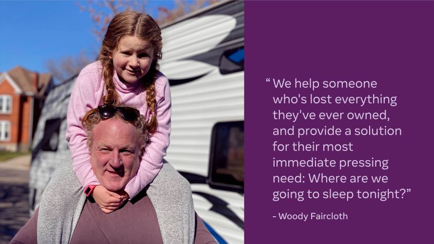 Photo of Woody Faircloth with his daughter on his shoulders next to a quote from Woody