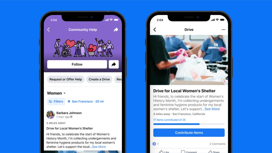 screenshots of Community Help Drives for women in need