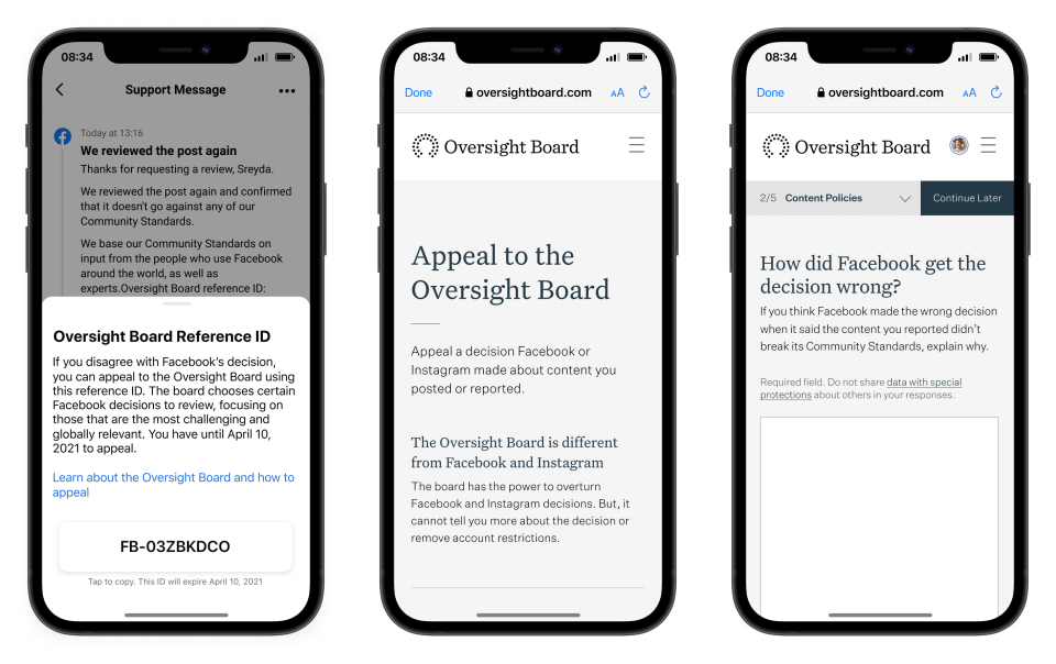 Oversight Board product mock screenshots