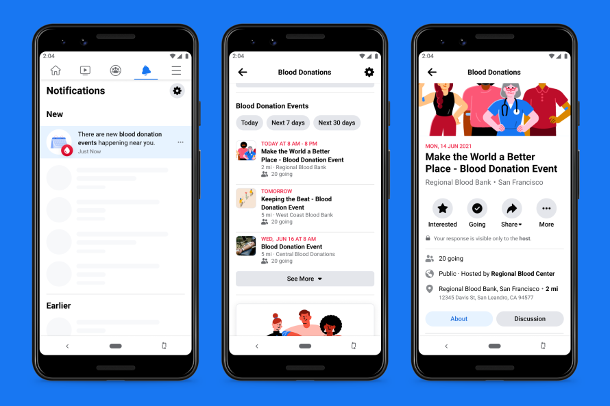 Screenshots of Blood Donations tool on Facebook