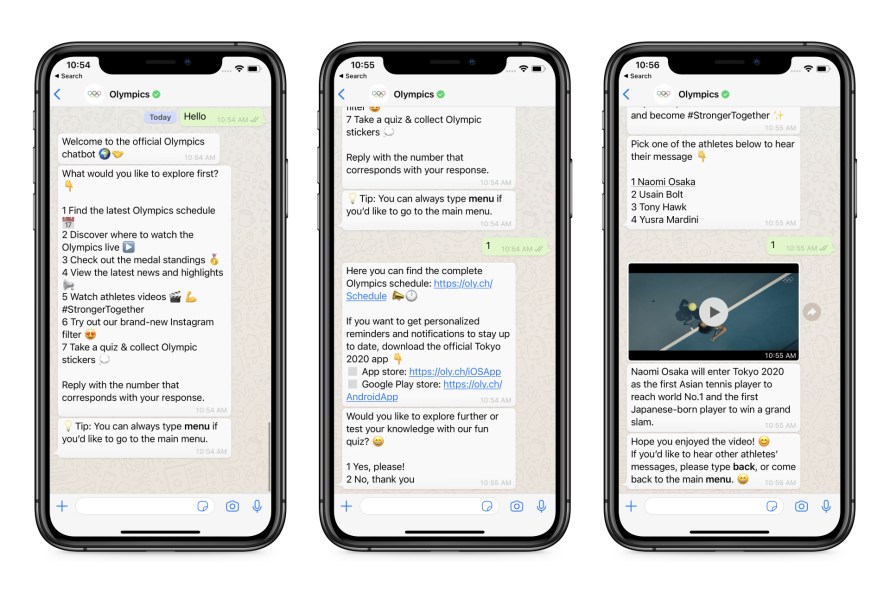 Screenshots of Olympic chatbot on WhatsApp