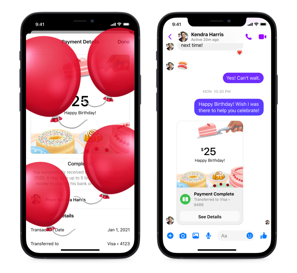 Screenshot of birthday cash gifting through Facebook Pay