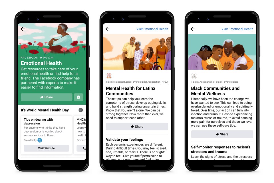 Product mock of Emotional Health resource center on Facebook