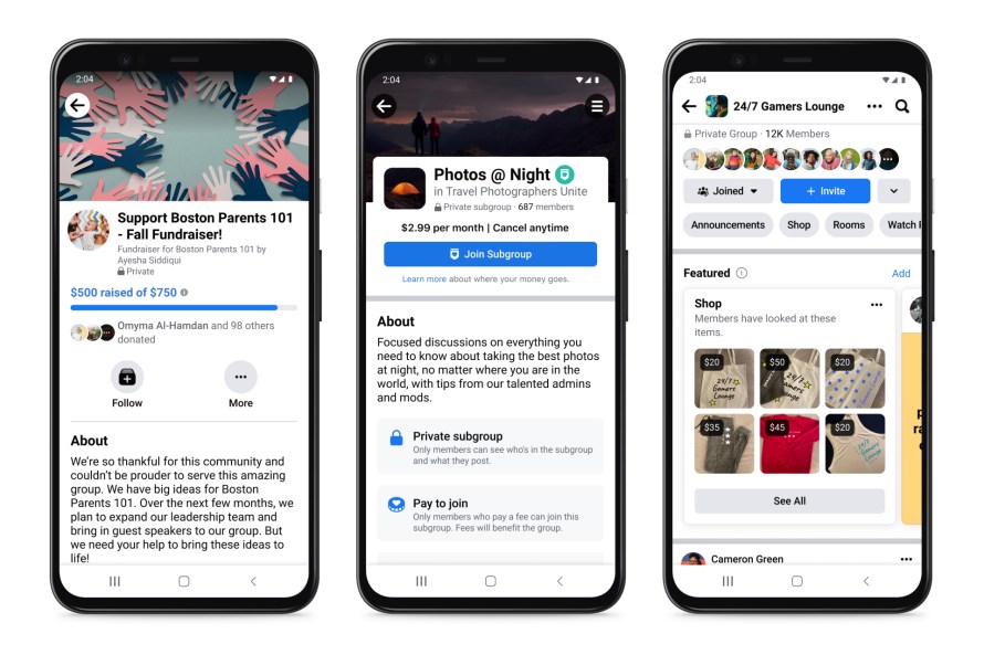 Screenshots of community fundraisers, merchandise and paid subgroups in Facebook Groups