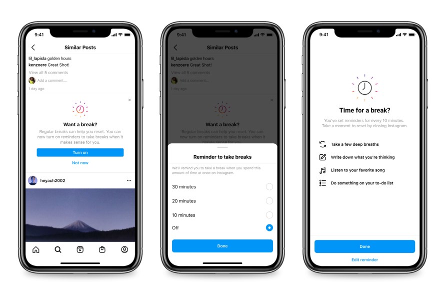 Screenshots of Take a Break feature on Instagram