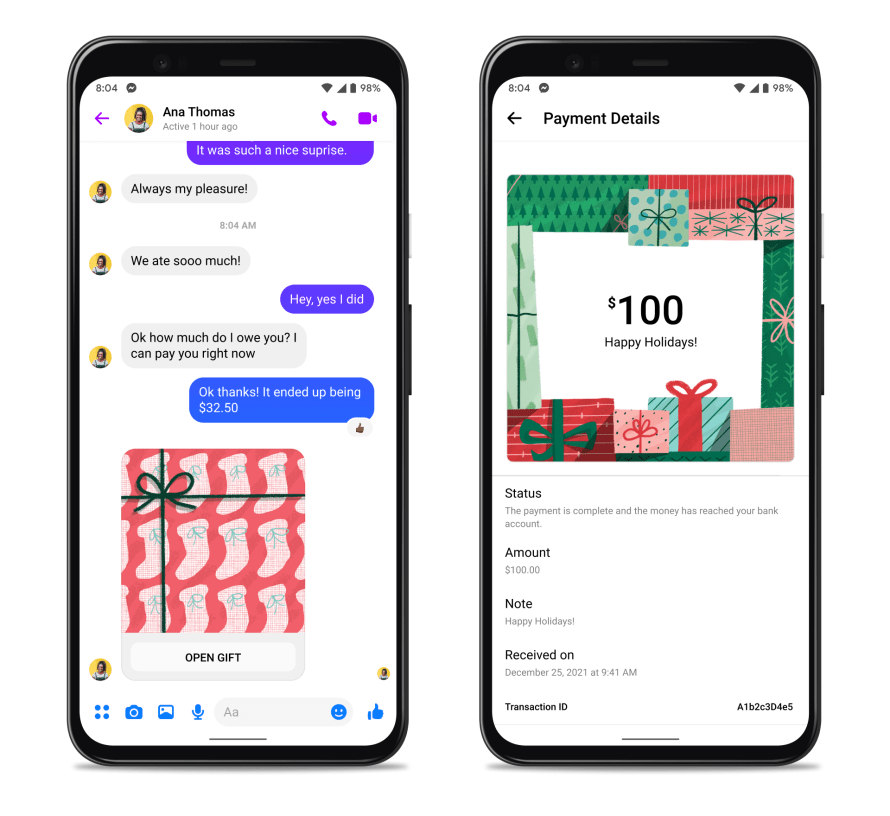 Screenshot of holiday payments on Messenger