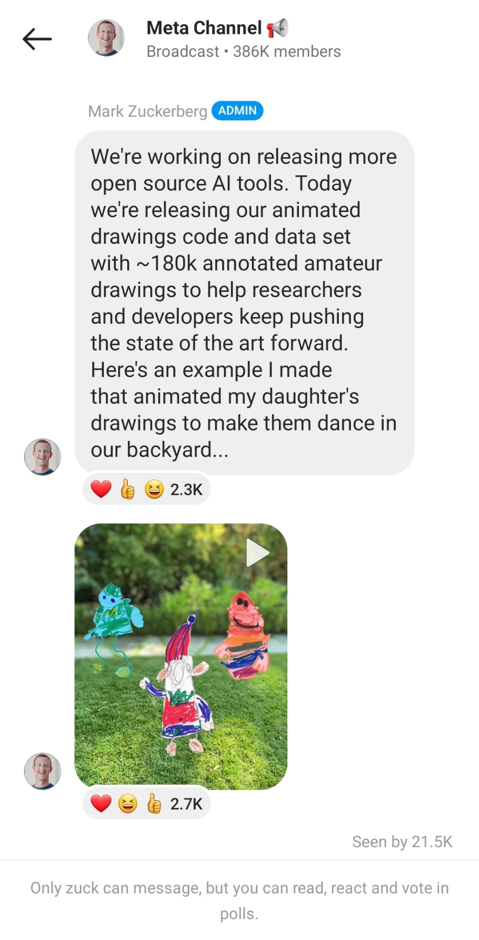 An image of the Meta Channel on Instagram showing Mark Zuckerberg's announcement of open-sourcing Meta's animated drawing code and dataset.