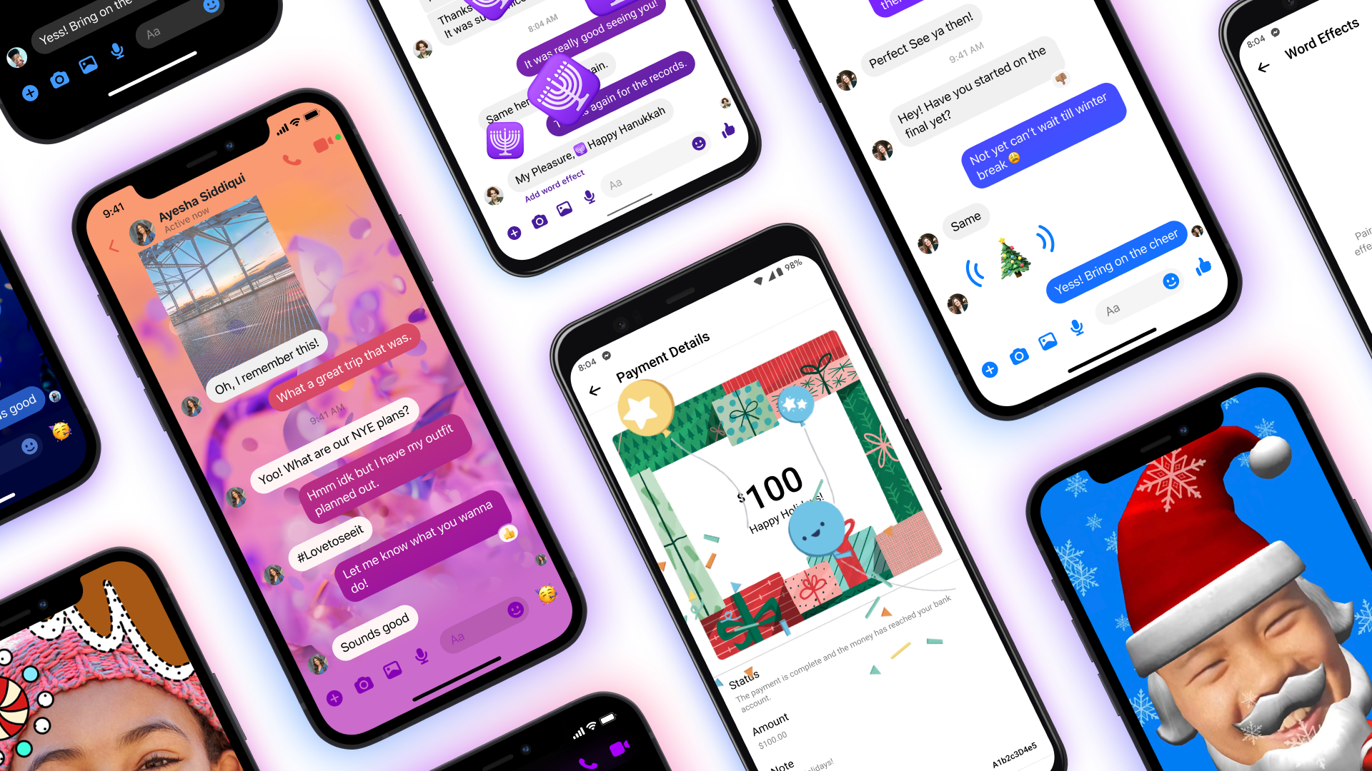 Screenshots of holiday features on Messenger