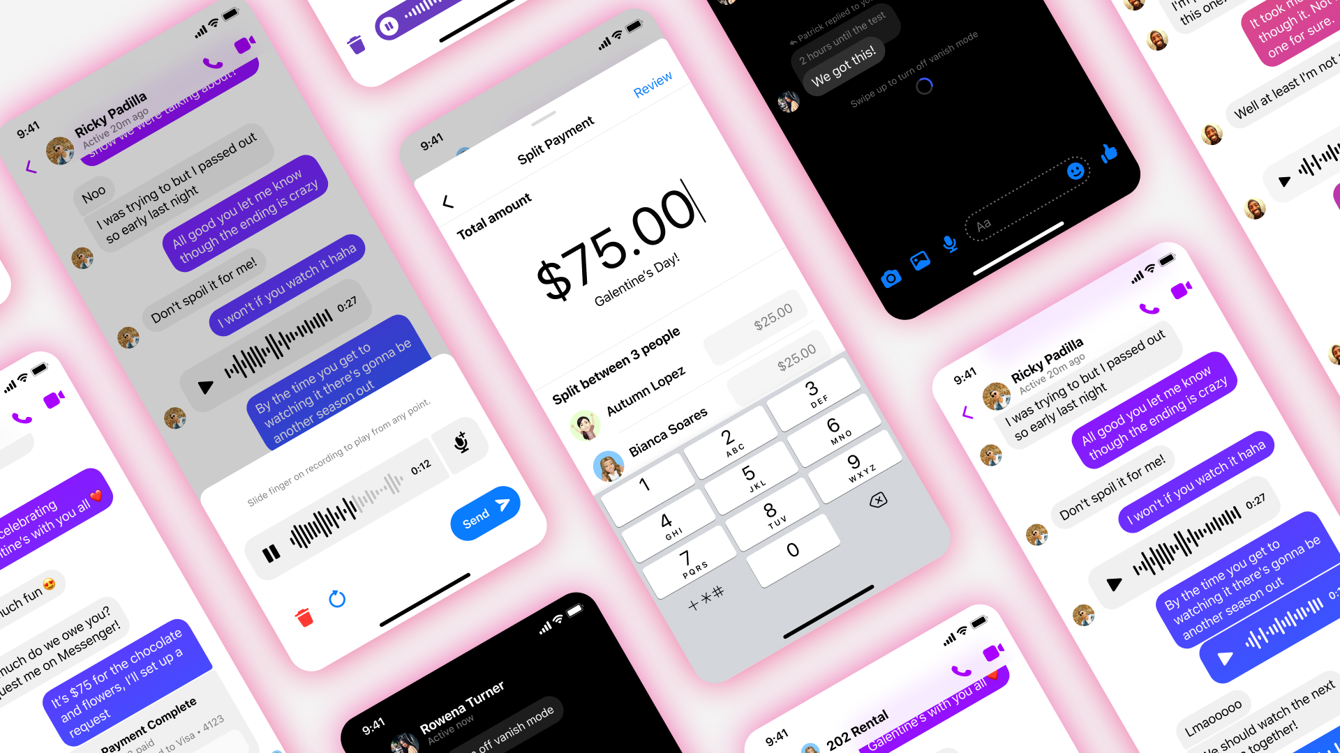 Product mocks of new features on Messenger