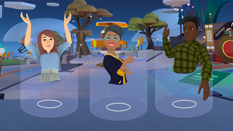 Image of three avatars with personal boundaries in Horizon Worlds