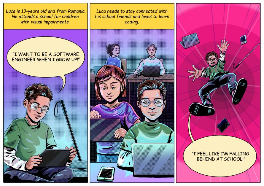 Comic strip depicting a person attending a school but feels they are falling behind.