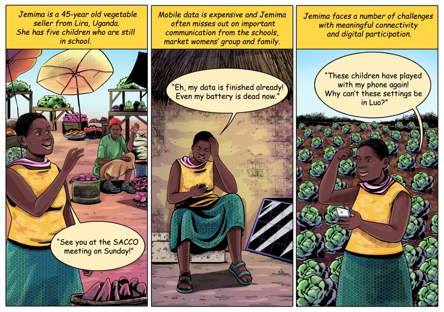 Comic strip showing a person struggling with mobile phone data and power.