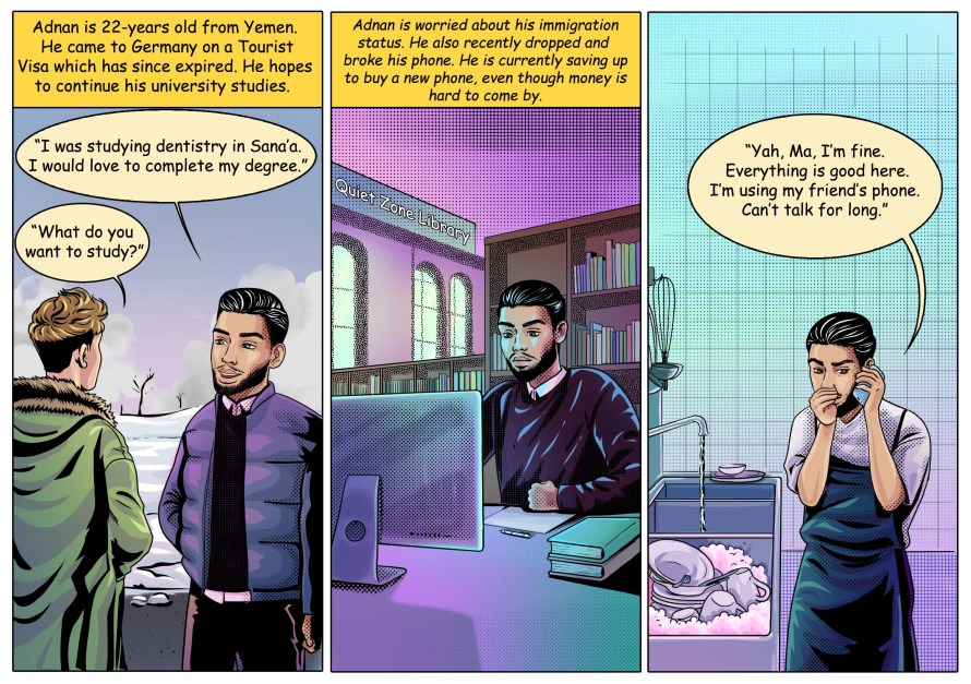 Comic strip depicting person in another country looking to study