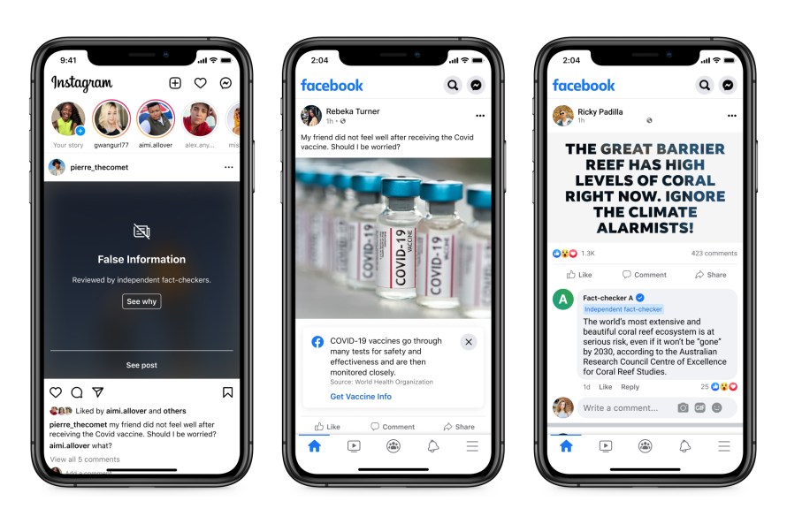 Product mocks of information overlays on misinformation