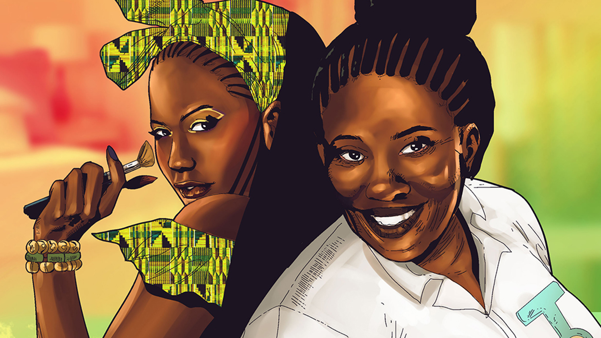 Carton portraits of two female protagonists.
