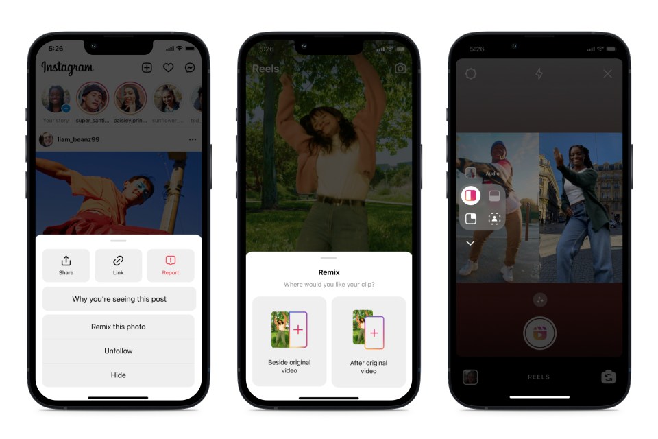 Images showing how to remix a photo on Instagram and choose between different layouts.
