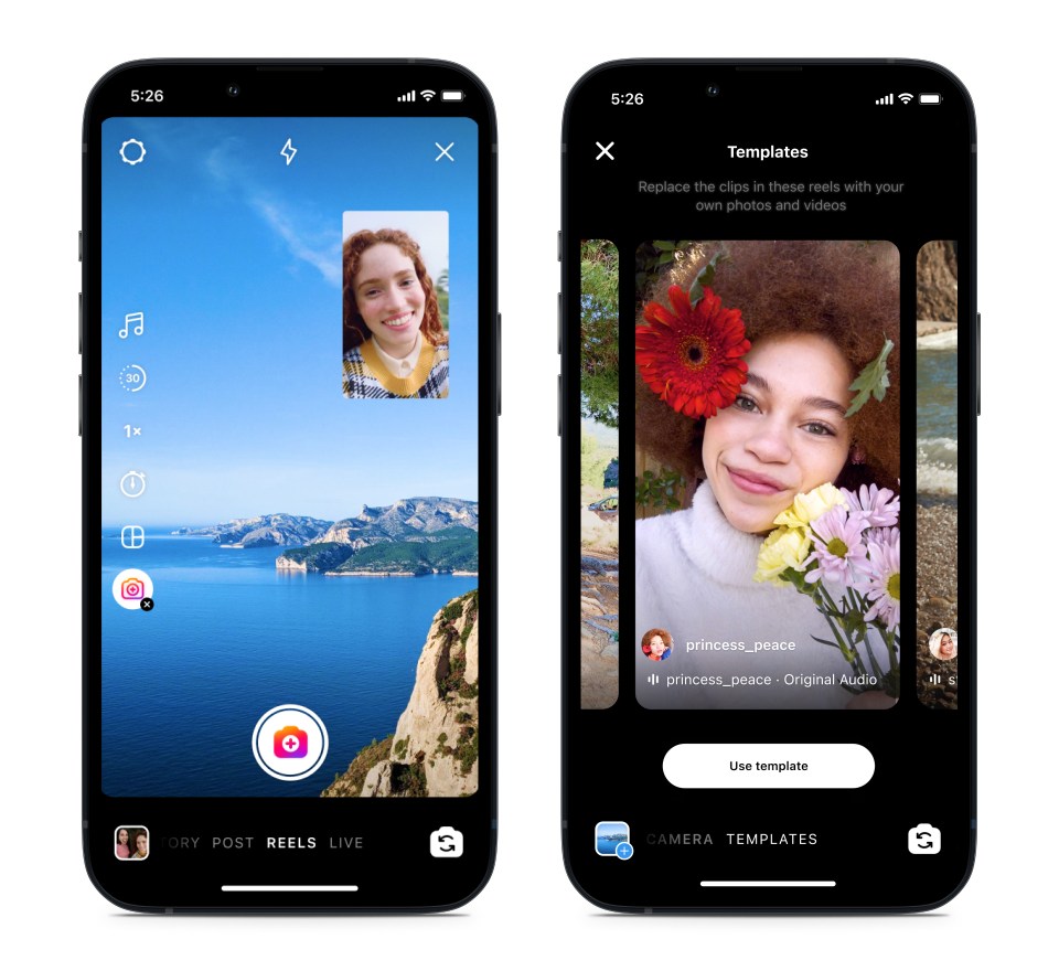 An image showing the Templates selection screen on Instagram when remixing a photo.