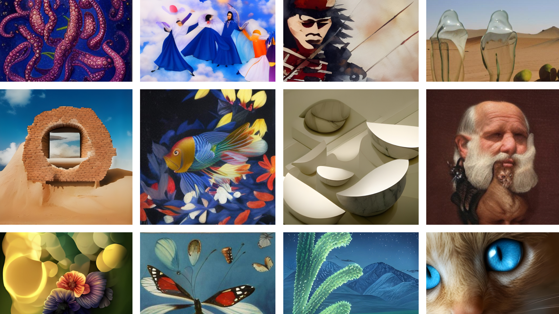 A collage of twelve images generated by Meta's new AI research tool called Make-A-Scene.