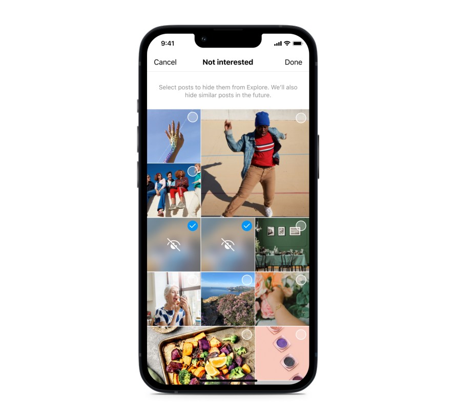 The Instagram user interface showing how to select posts to hide them in Explore.