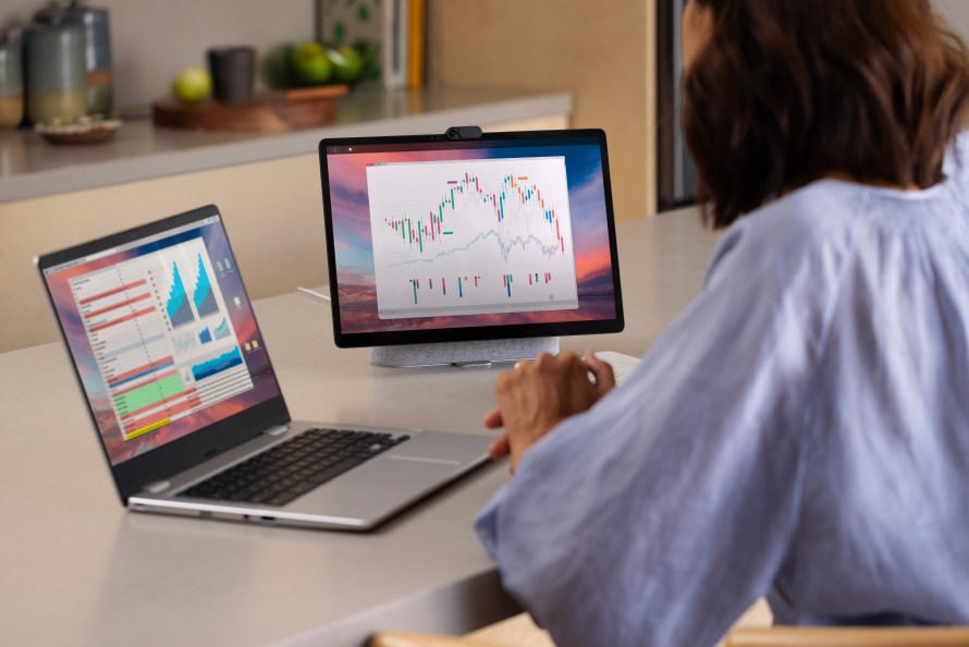 Image of woman using Meta portal Duet Display