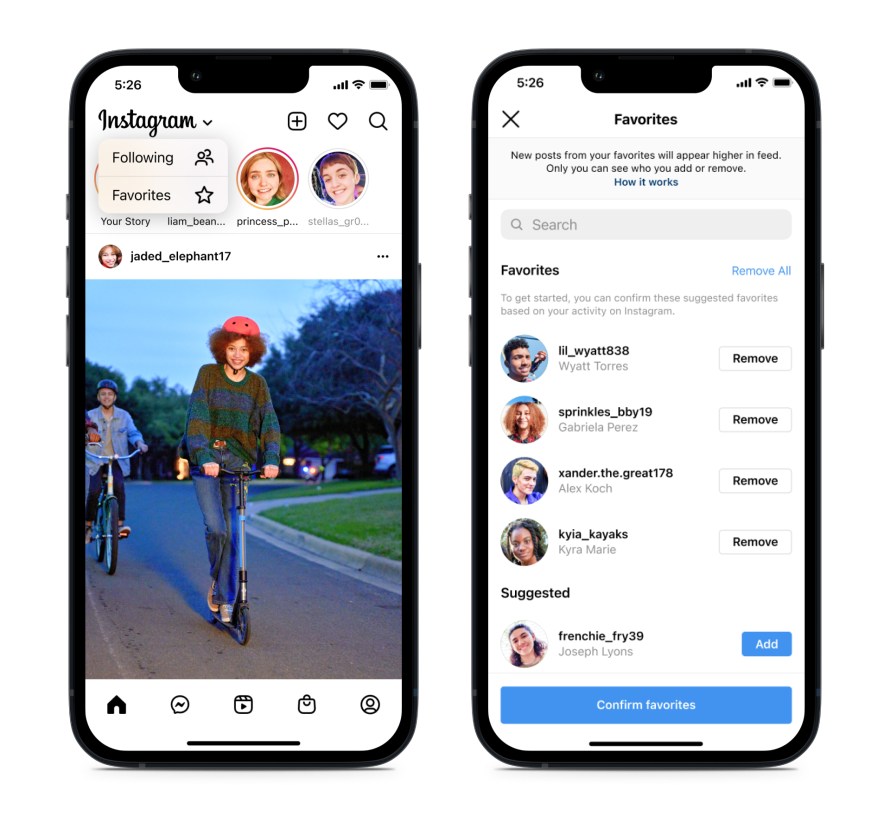 The Instagram user interface showing where you can add or remove accounts from your Favorites list.