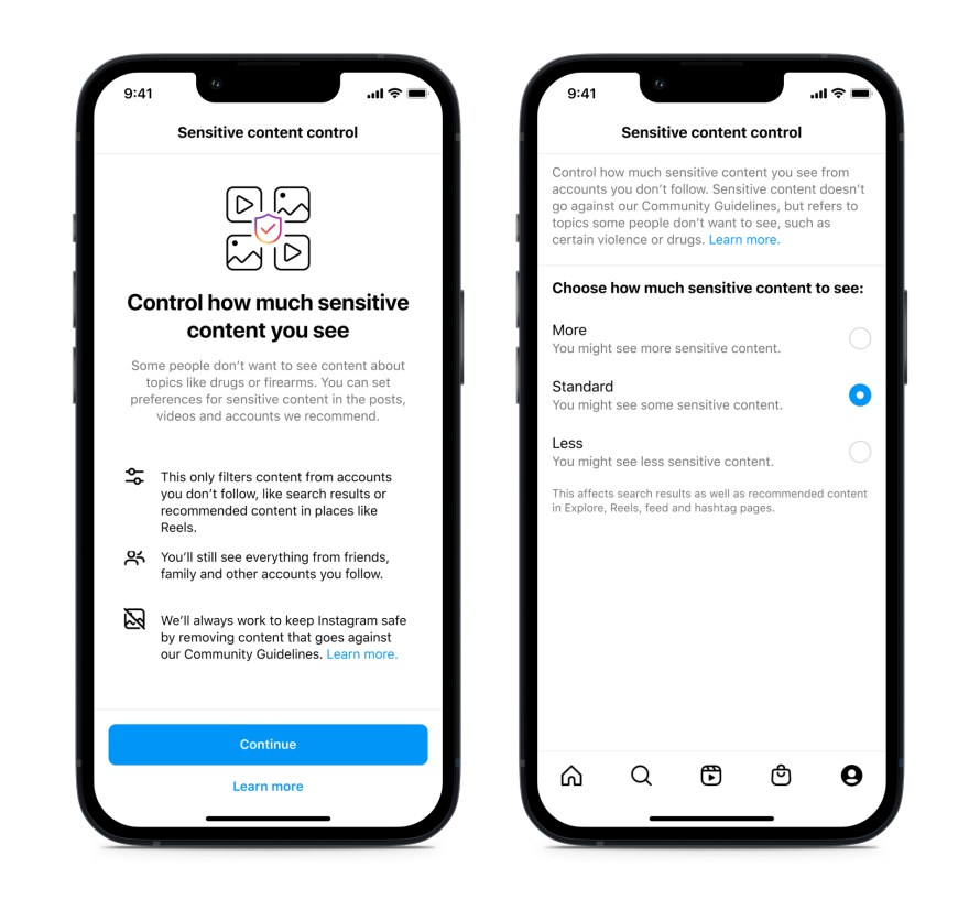 The Instagram user interface showing the Sensitive content control.