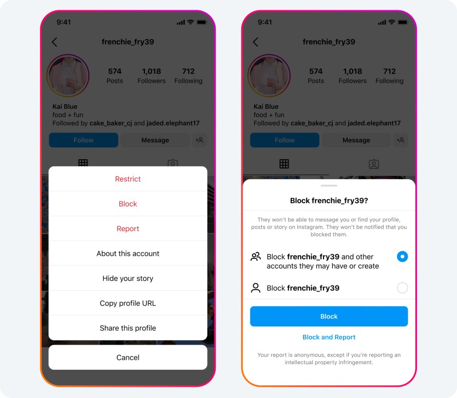 The Instagram user interface for blocking someone.
