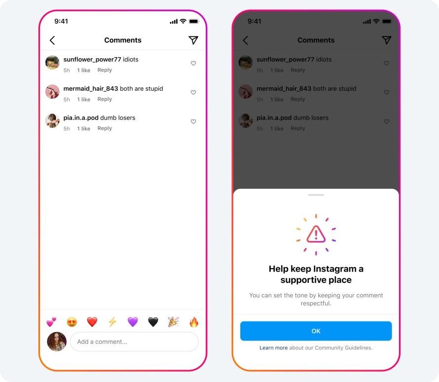 An image showing a nudge to be respectful on Instagram.