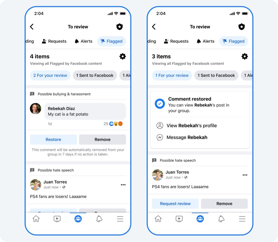 The Flagged By Facebook user interface for a group admin.