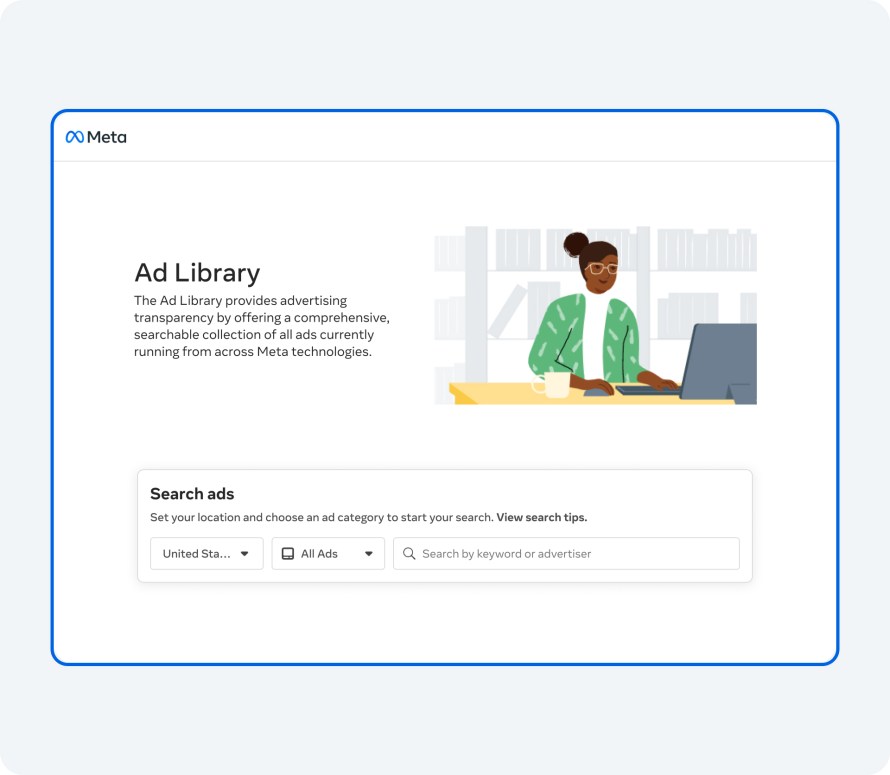 An image showing the Ad Library to find all of the ads running across Meta's technologies.