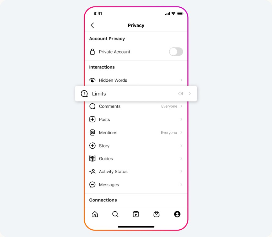 The Privacy menu on Instagram, highlighting the ability to turn on Limits.