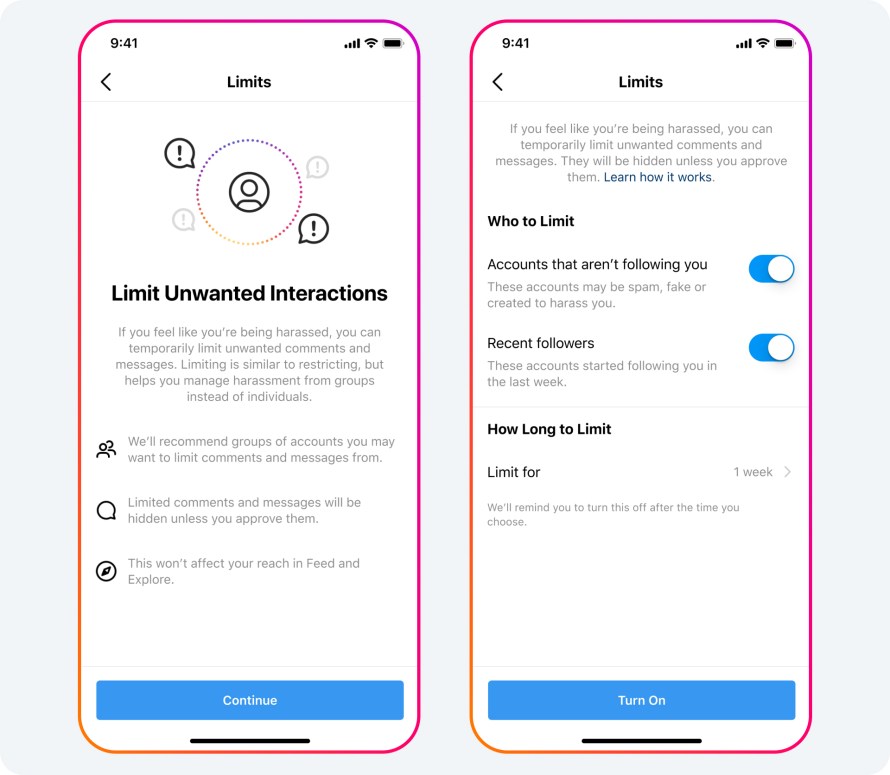 The user interface for turning on Limits on Instagram.