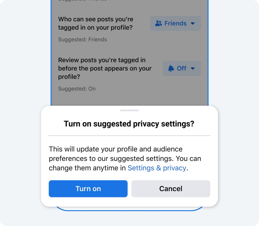 Product mock of privacy default notifications and settings on Facebook