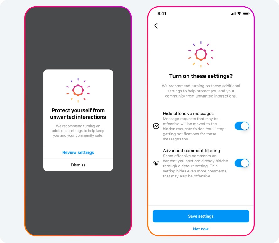 The user interface for turning on safety settings on Instagram.