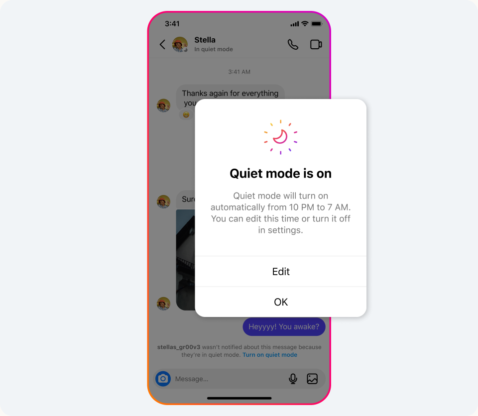 Image of a screen showing an Instagram user that quiet mode as been turned on.