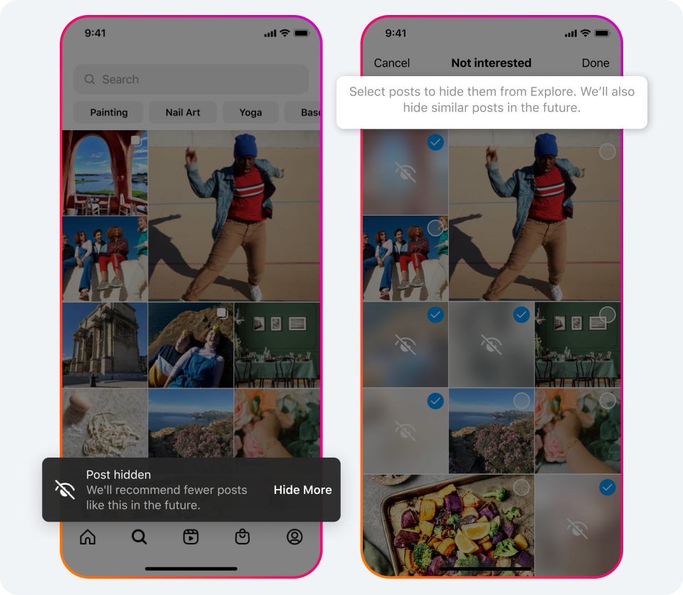Image of posts being hidden on Instagram's Explore page.