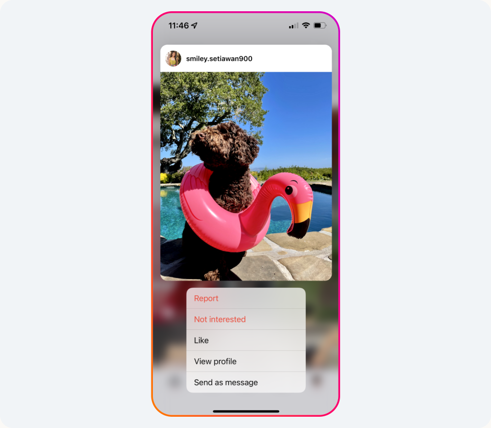 Image of the option to select Not interested on an Instagram post or report it.