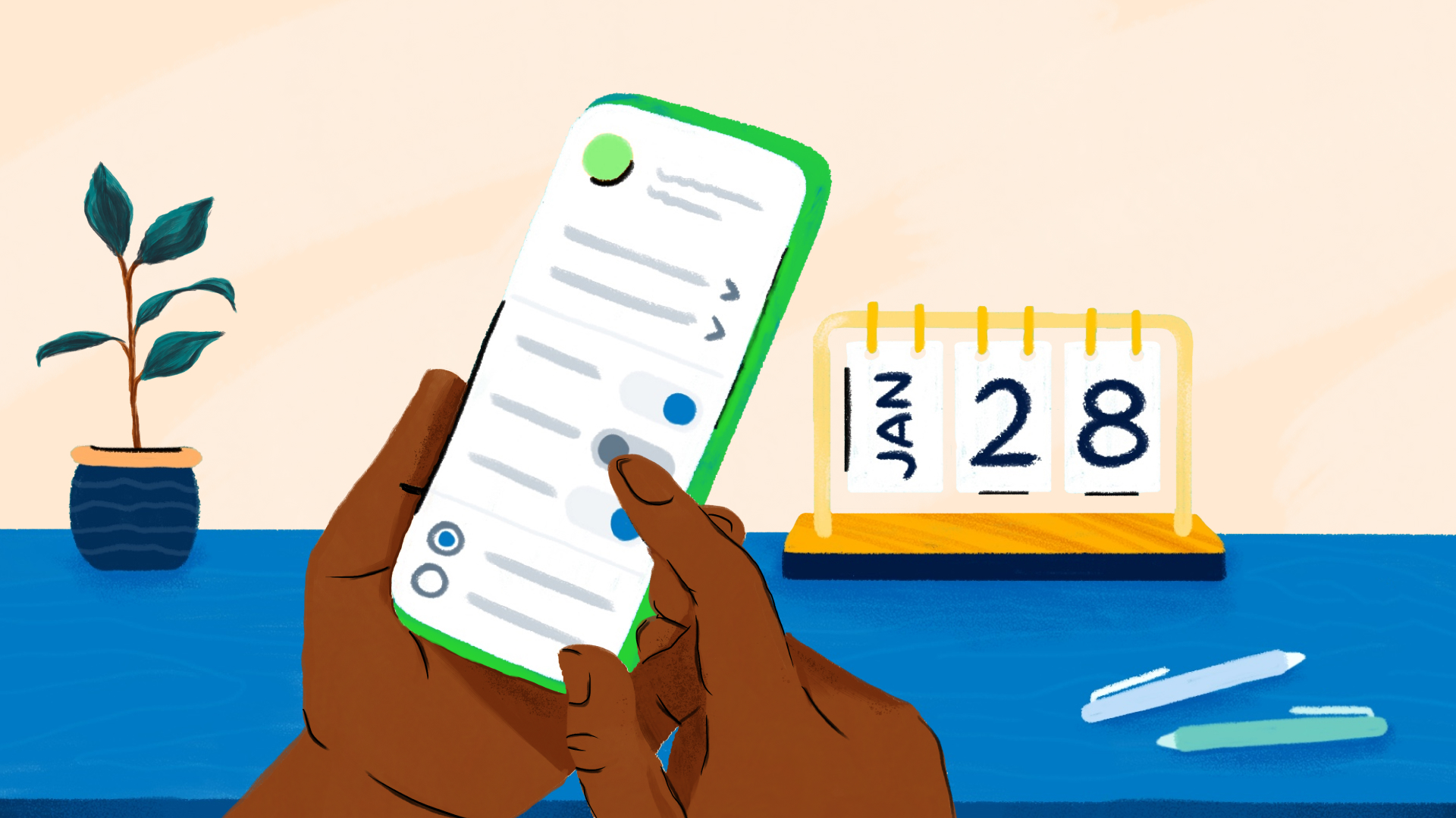 Illustration of hand holding mobile phone