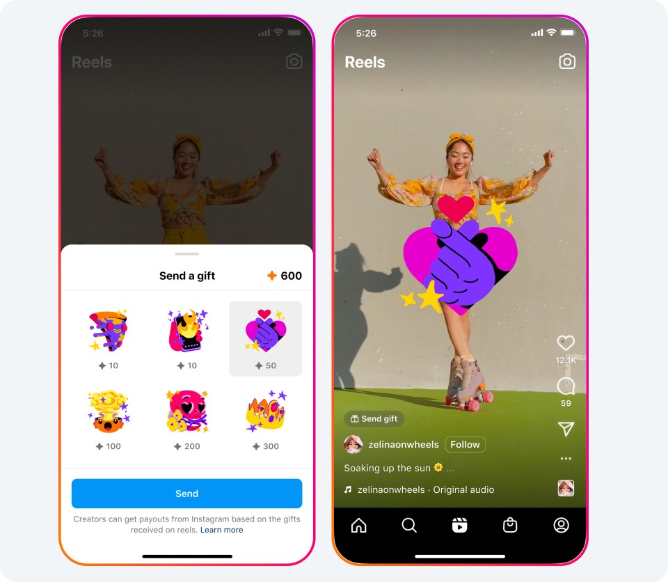 Image showing gift options on Instagram Reels.