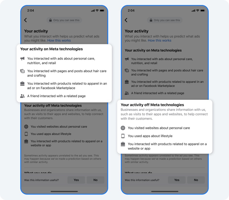 Image showing explanations how activity on and off Meta technologies affects ads that are displayed.