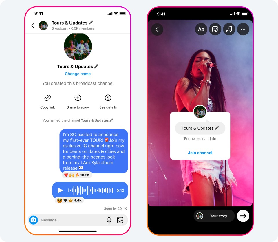 Image showing how creators can post a broadcast channel to their Instagram Story.