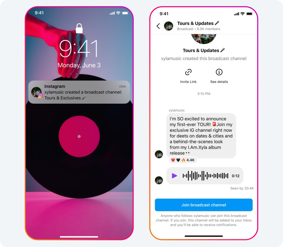 Image showing a notification of a broadcast channel starting and how followers can join it.