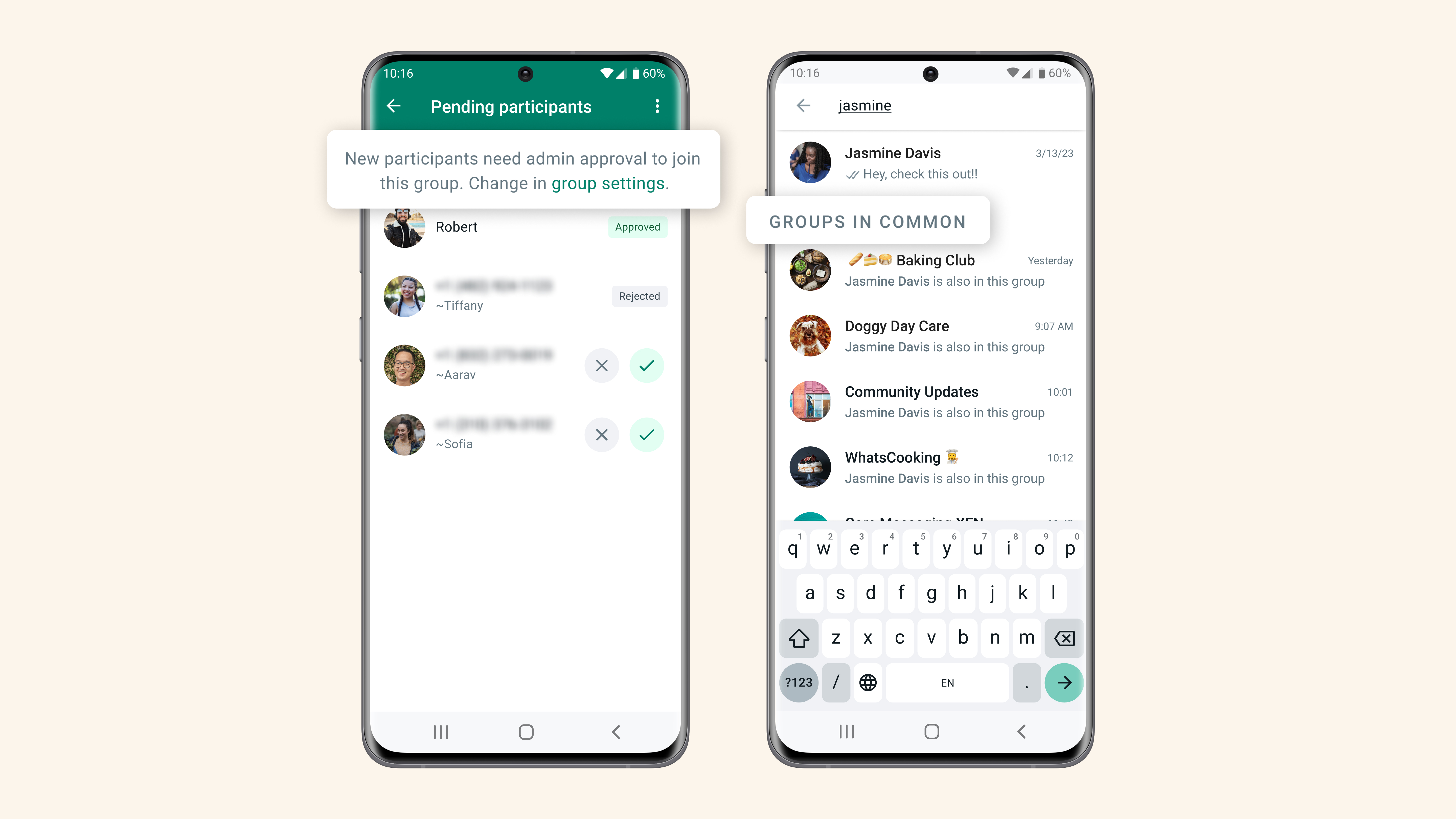 Product mock of WhatsApp groups features