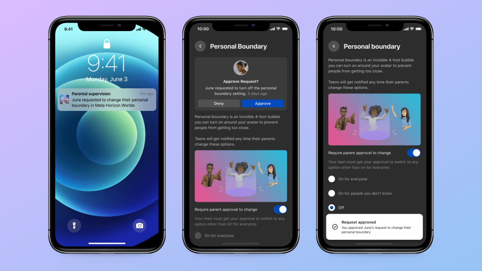 Meta Horizon Worlds setting screenshot showing parent approving teen's request to change